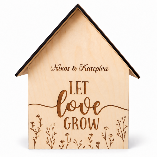 Κουτί Ευχών Γάμου Σπιτάκι «Let Love Grow» – Προσωποποιημένο Ξύλινο Κουτί Γάμου για Φακελάκια, με Εσοχή Επάνω, 25x25x40 cm  